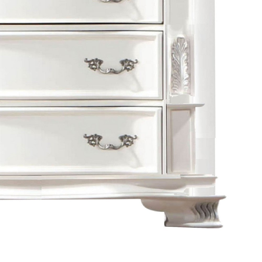 Prio Tall Dresser Chest 5 Drawers Classic Wood Carvings Pearl White BM332603