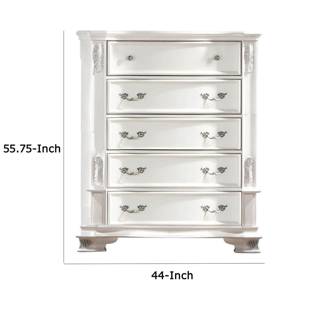 Prio Tall Dresser Chest 5 Drawers Classic Wood Carvings Pearl White BM332603