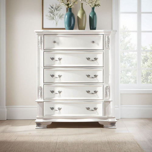 Prio Tall Dresser Chest, 5 Drawers, Classic Wood Carvings, Pearl White
