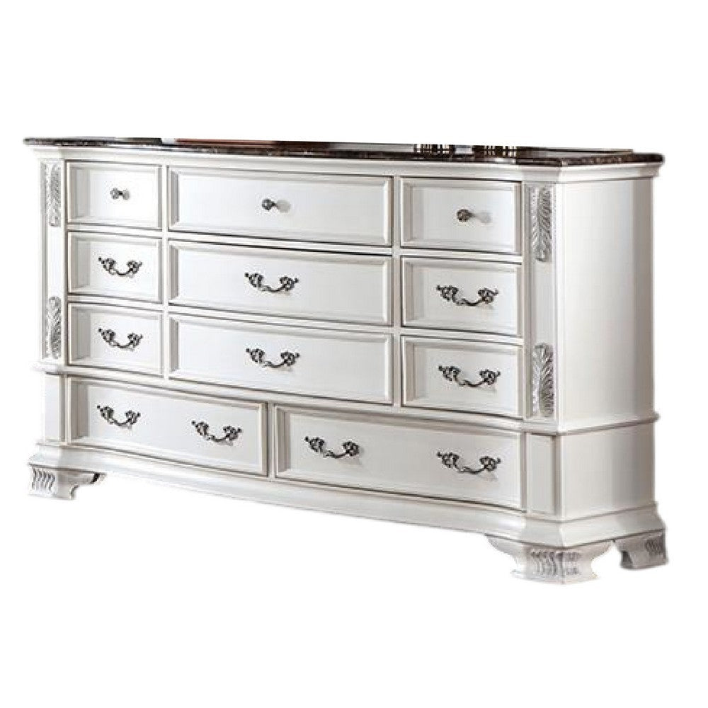 Prio Wide Dresser 11 Drawers Marble Top Carved Pearl White Wood BM332604