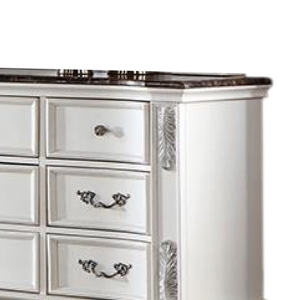 Prio Wide Dresser 11 Drawers Marble Top Carved Pearl White Wood BM332604