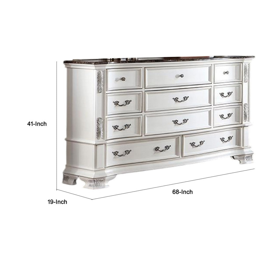 Prio Wide Dresser 11 Drawers Marble Top Carved Pearl White Wood BM332604