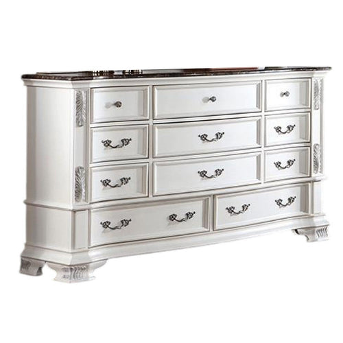 Prio Wide Dresser, 11 Drawers, Marble Top, Carved Pearl White Wood