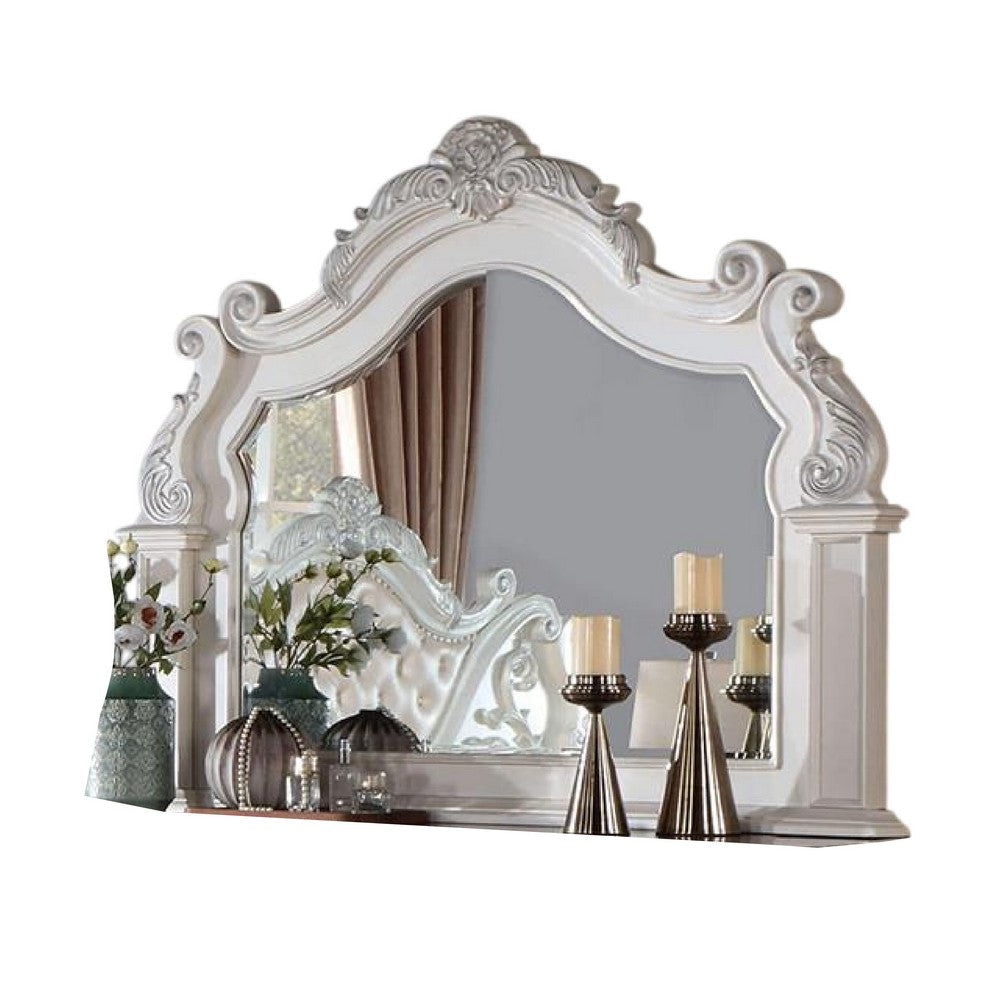 Prio Dresser Mirror w Classic Wood Carved Frame Pearl White 59 Inch BM332605