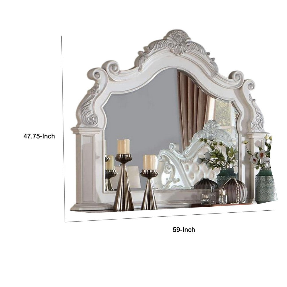 Prio Dresser Mirror w Classic Wood Carved Frame Pearl White 59 Inch BM332605