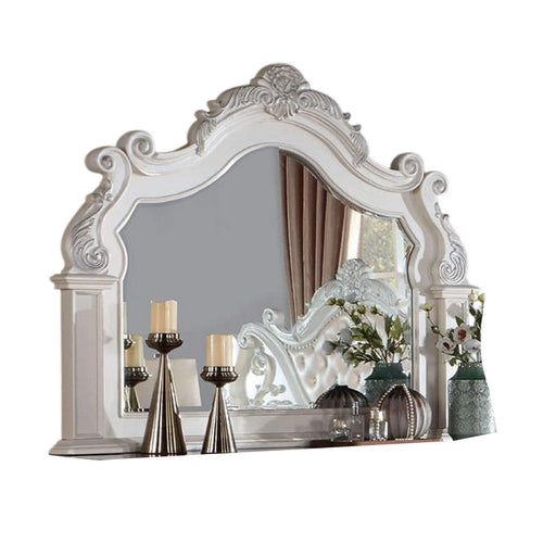 Prio Dresser Mirror w Classic Wood Carved Frame, Pearl White, 59 Inch
