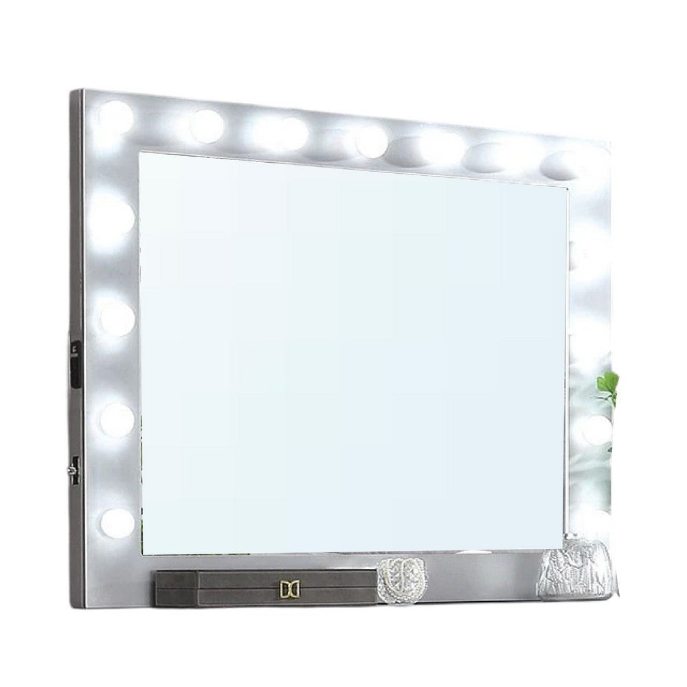 Fery Dresser Mirror w Light Bulbs, USB and Power, Glam Silver 44 Inch
