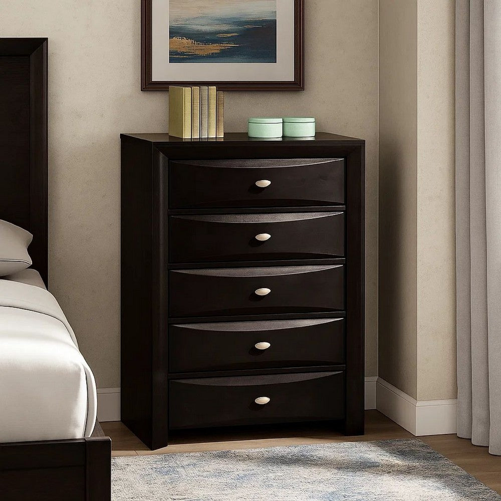 Simo Tall Dresser Chest, 5 Drawers, Chrome Handles, Modern Black Wood