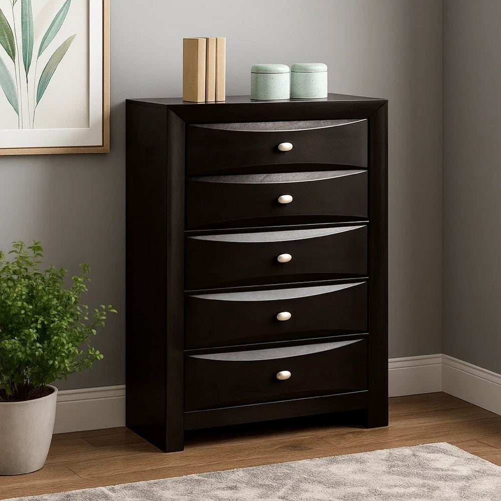 Simo Tall Dresser Chest, 5 Drawers, Chrome Handles, Modern Black Wood Simo Tall Dresser Chest, 5 Drawers, Chrome Handles, Modern Black Wood