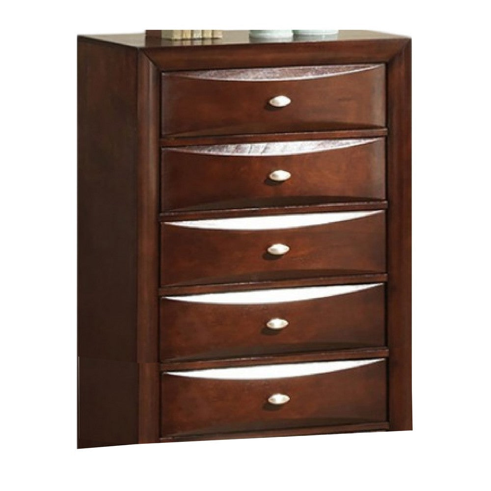 Simo Tall Dresser Chest, 5 Drawers Chrome Handles, Modern Cherry Brown