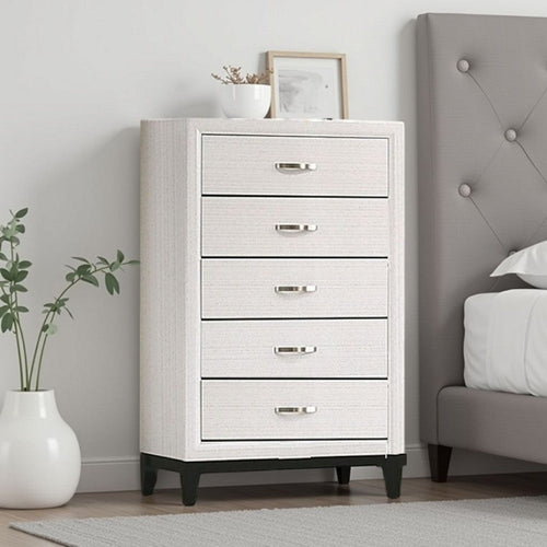 Erica Tall Dresser Chest, 5 Drawers Chrome Bar Handles, White Wood