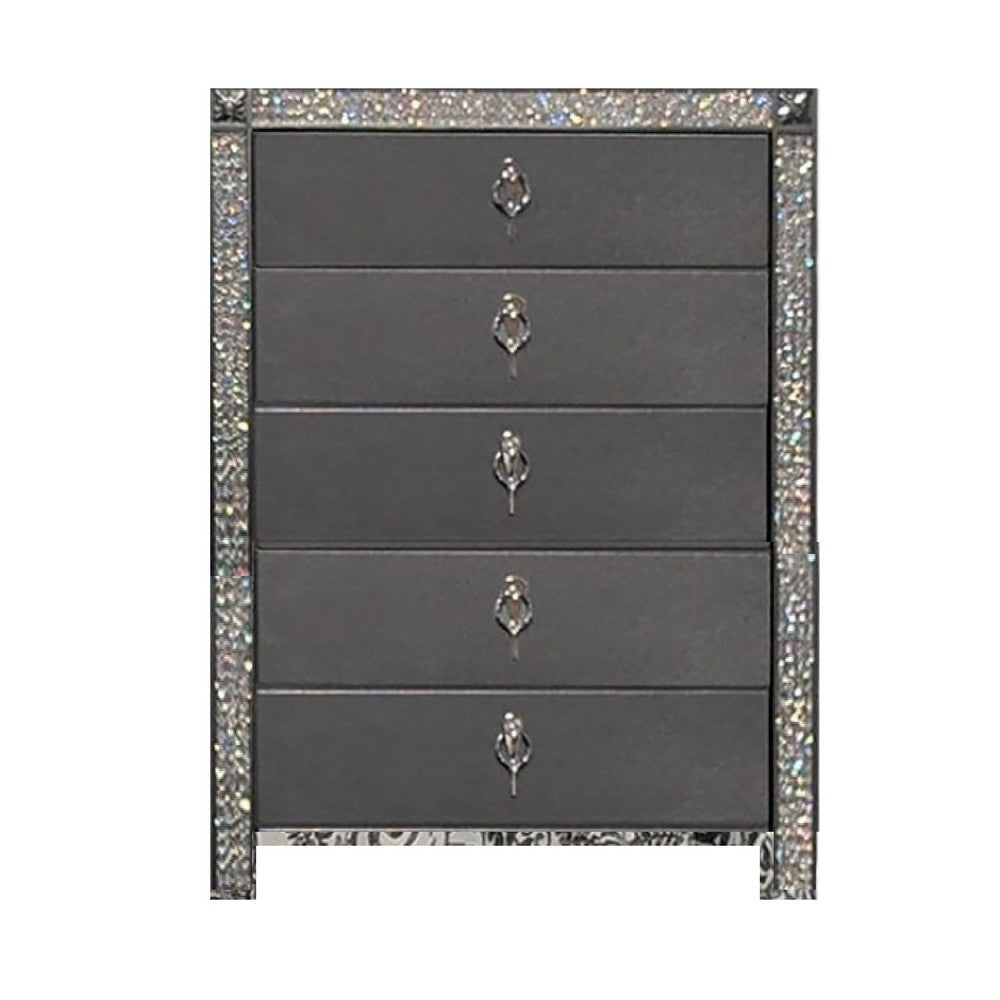 Laine Tall Dresser Chest 5 Drawers Crystal Trim Gray Solid Wood BM332625