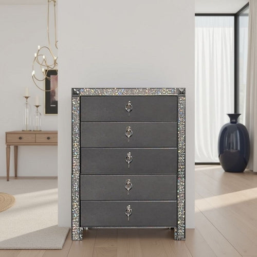 Laine Tall Dresser Chest, 5 Drawers, Crystal Trim, Gray Solid Wood