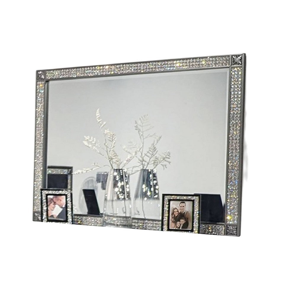 Laine Dresser Mirror Crystal Trim Frame 46 Inch Gray Solid Wood BM332626