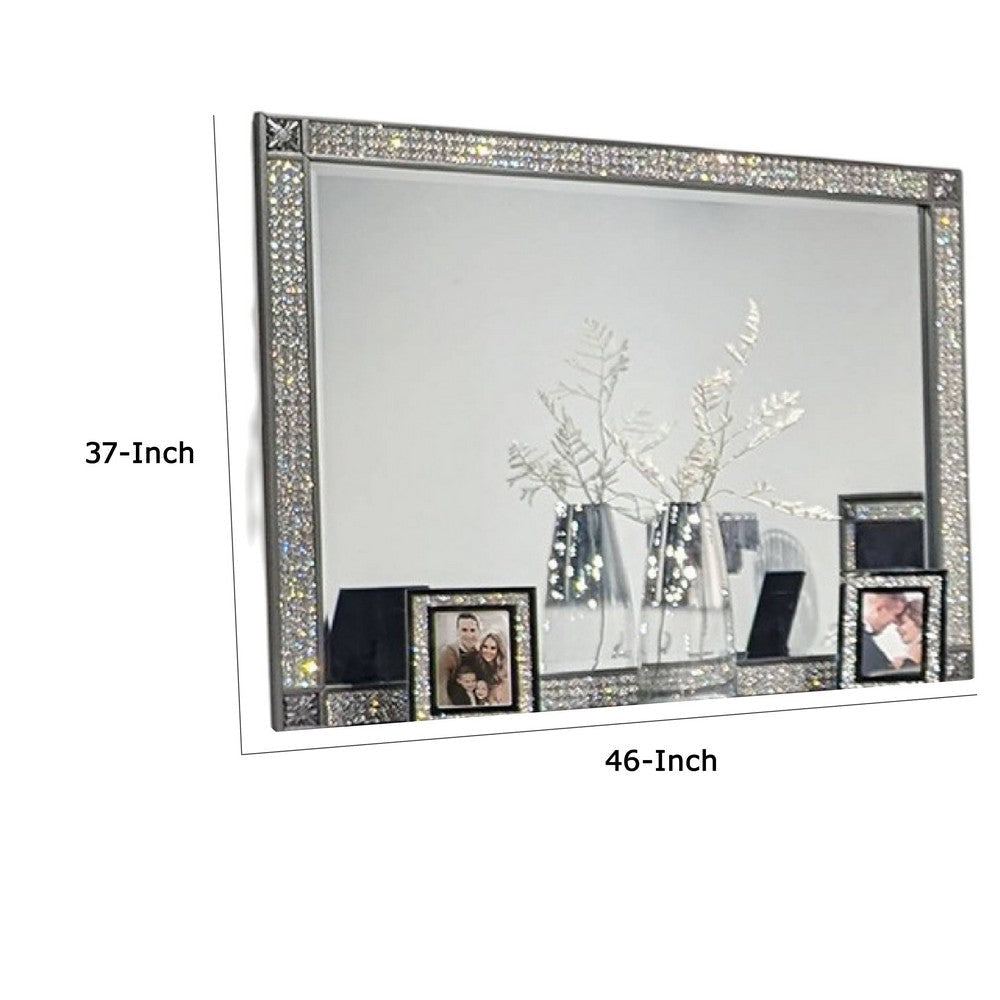 Laine Dresser Mirror Crystal Trim Frame 46 Inch Gray Solid Wood BM332626