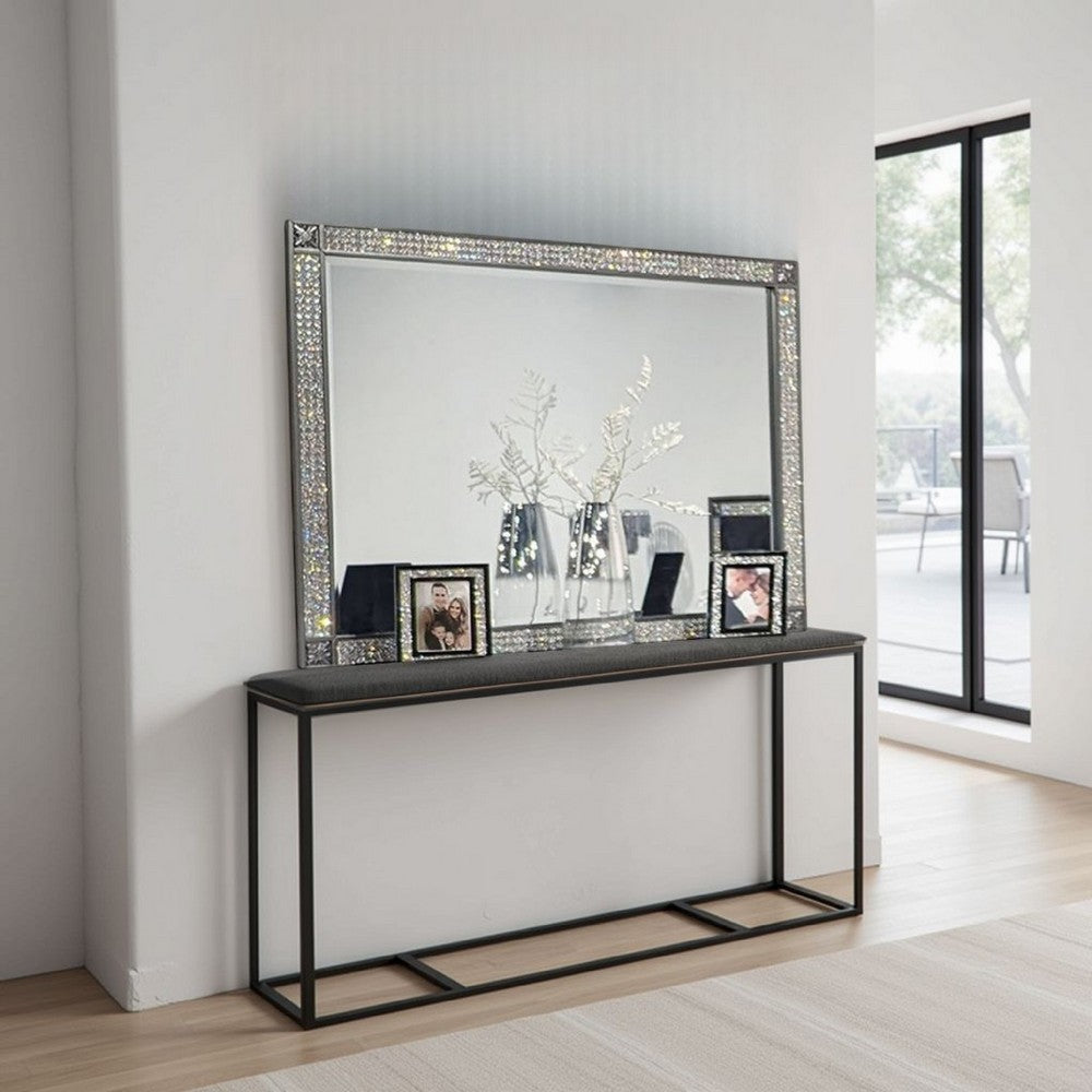 Laine Dresser Mirror, Crystal Trim Frame, 46 Inch Gray Solid Wood