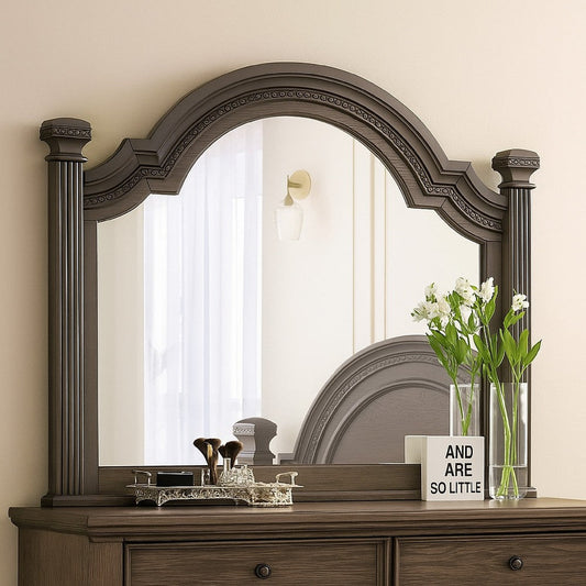 Pamy Dresser Vanity Mirror, Reeded Posts, 49 Inch Gray Bell Top Frame