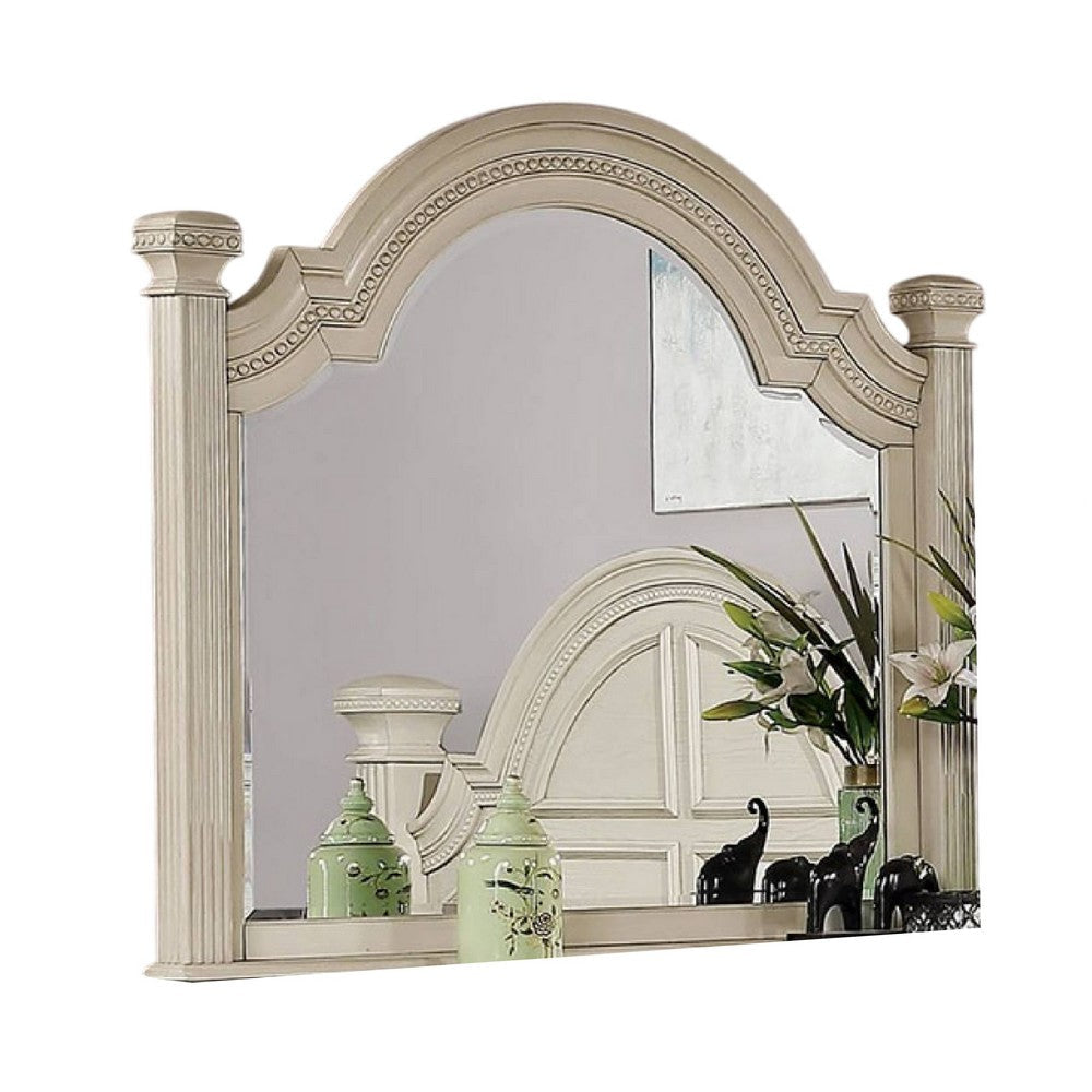 Pamy Dresser Mirror, Reeded Posts, 49 Inch Antique White Bell Frame