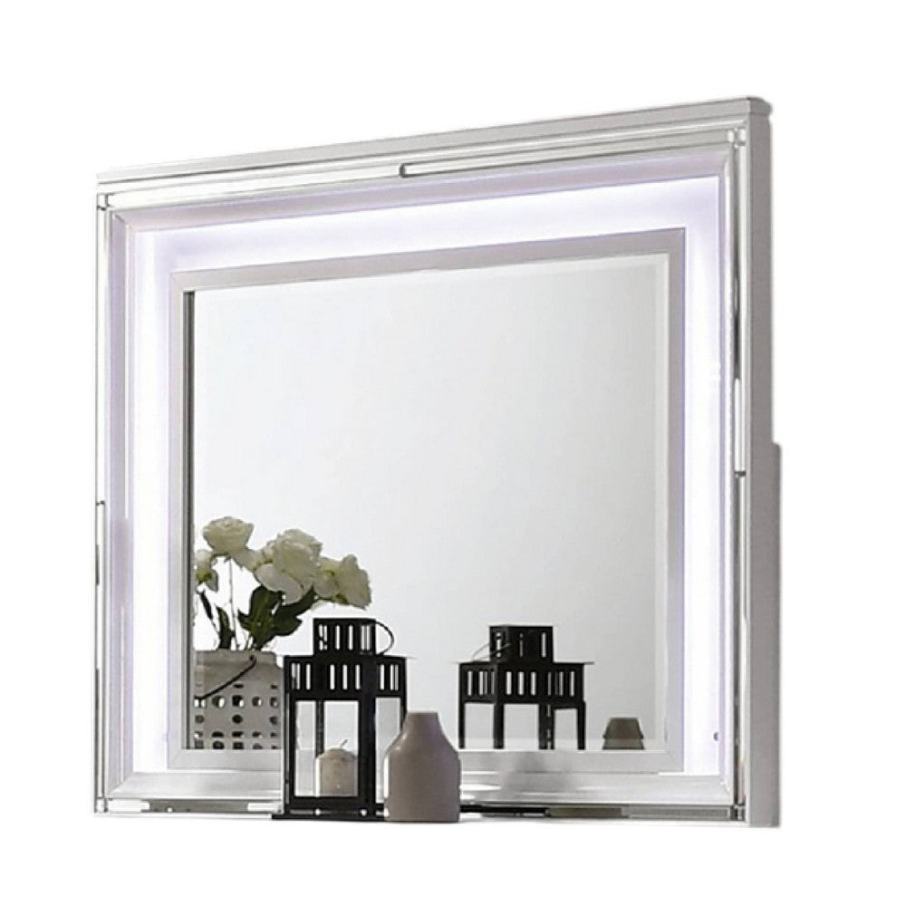 Lin Dresser Mirror with LED Lights 47 Inch White Solid Wood Frame BM332633