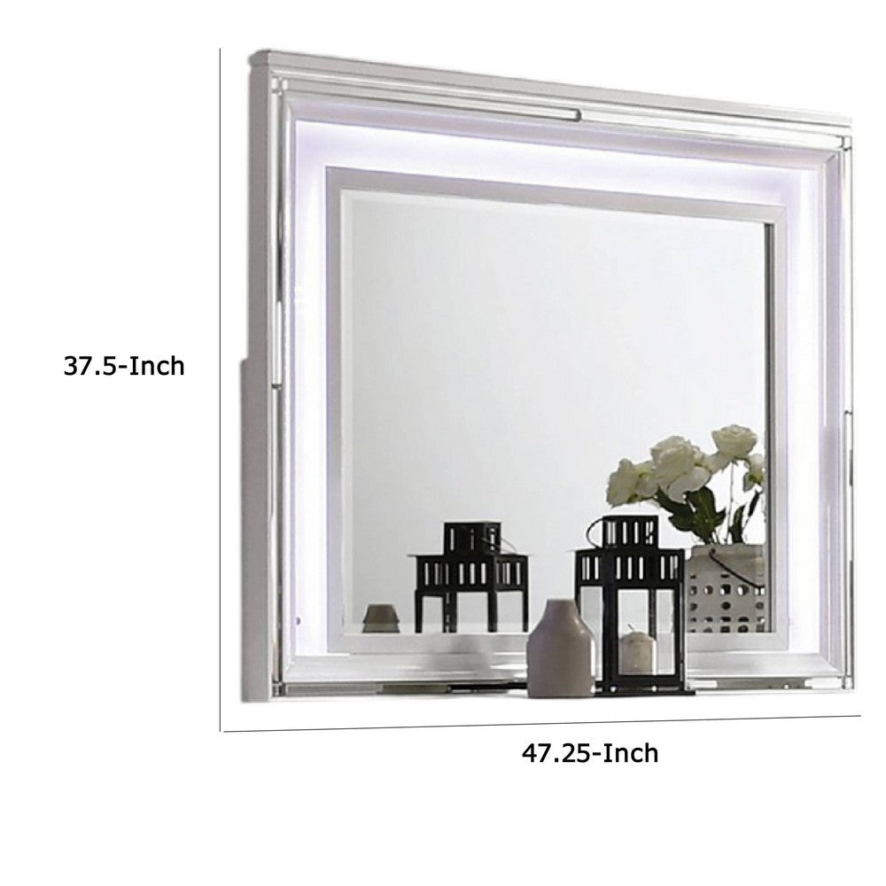Lin Dresser Mirror with LED Lights 47 Inch White Solid Wood Frame BM332633
