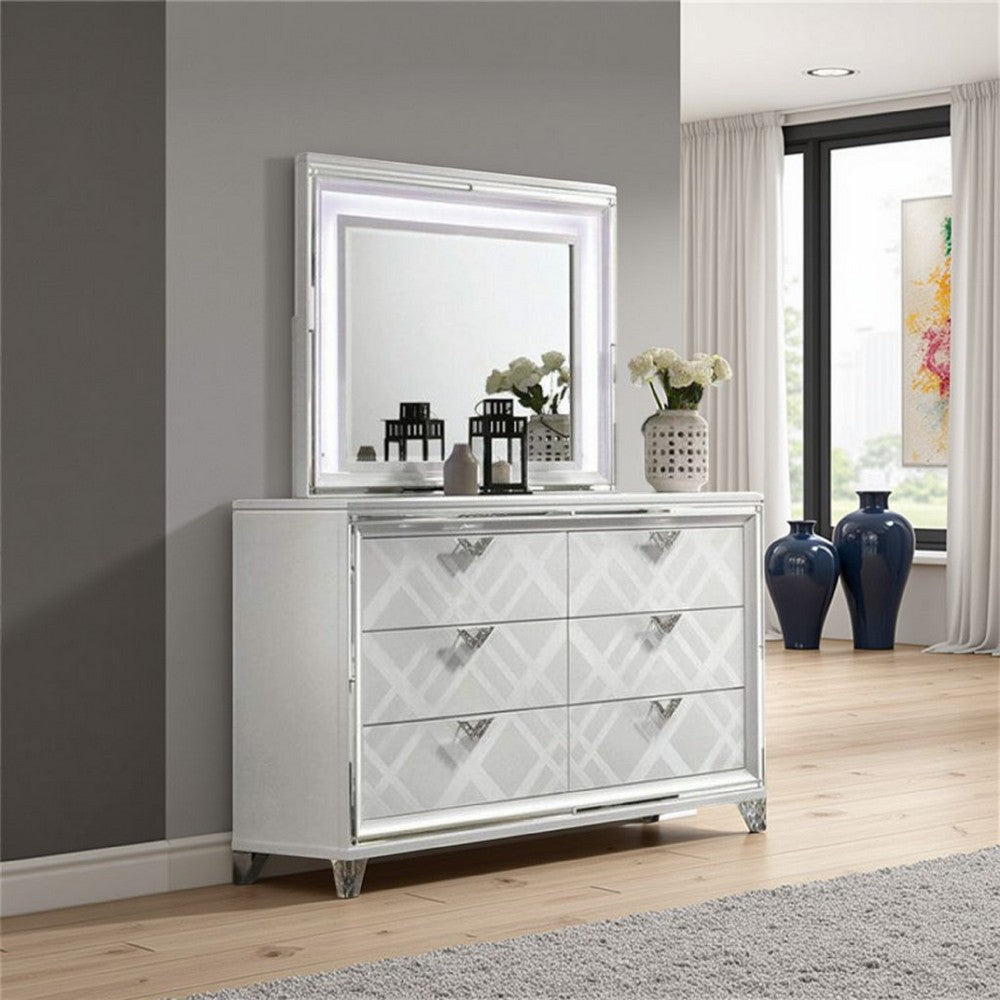 Lin Dresser Mirror with LED Lights, 47 Inch White Solid Wood Frame