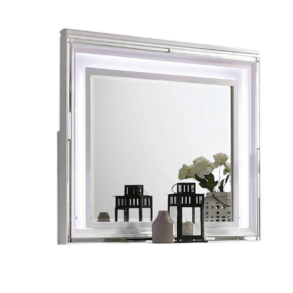 Lin Dresser Mirror with LED Lights, 47 Inch White Solid Wood Frame