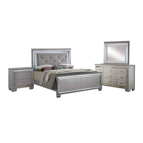 Tily 4 Pc Queen Size Bedroom Set, Crocodile Embossed Panels, LED, Silver