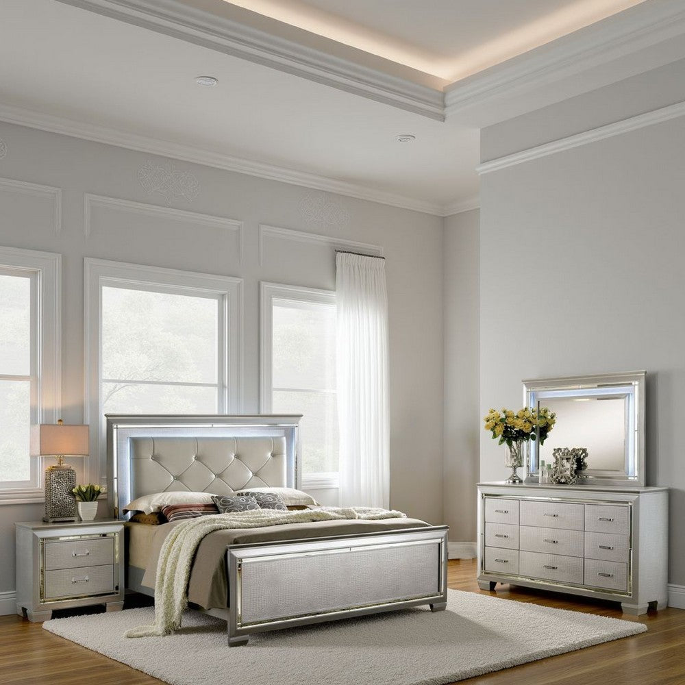Tily 4 Pc Queen Size Bedroom Set, Crocodile Embossed Panels, LED, Silver