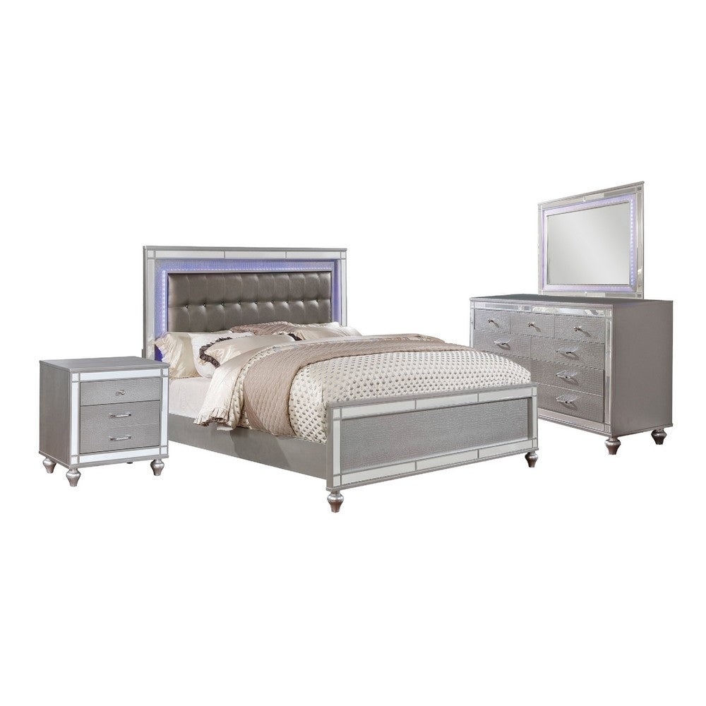 Euri 4 Pc California King Size Bedroom Set, LED Trim, Tufted, Silver