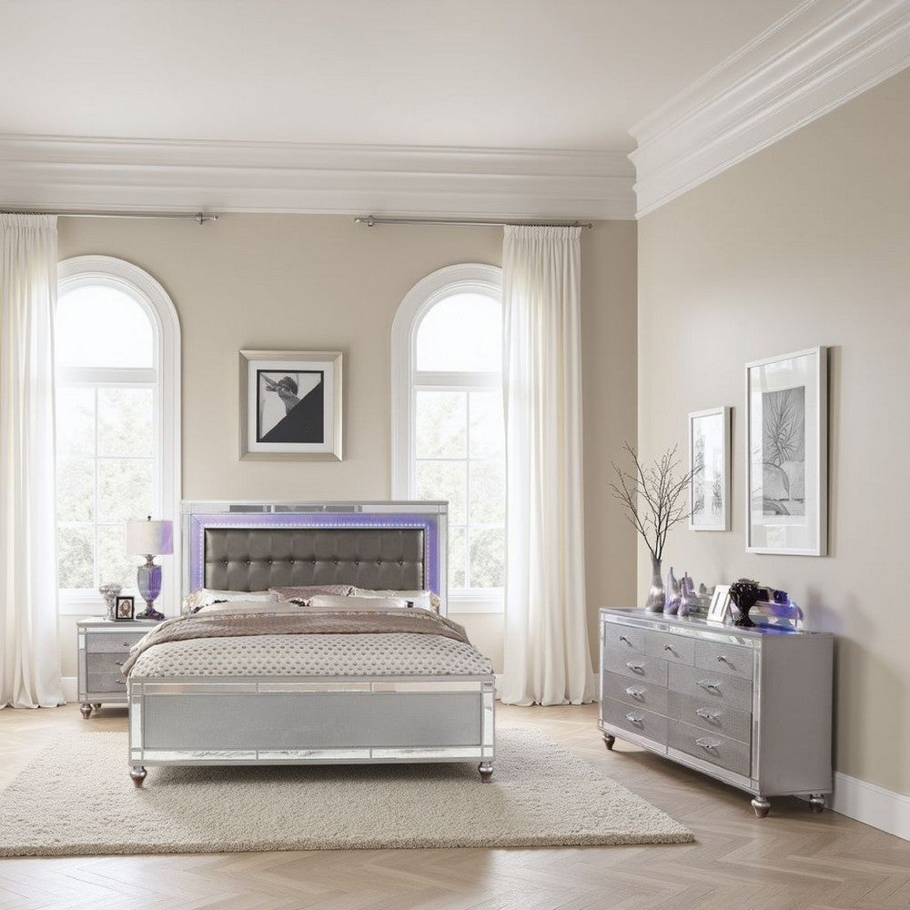Euri 4 Pc California King Size Bedroom Set, LED Trim, Tufted, Silver