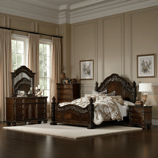 Koi 4 Piece California King Bedroom Set, Intricate Trim, Post, Cherry Brown Wood