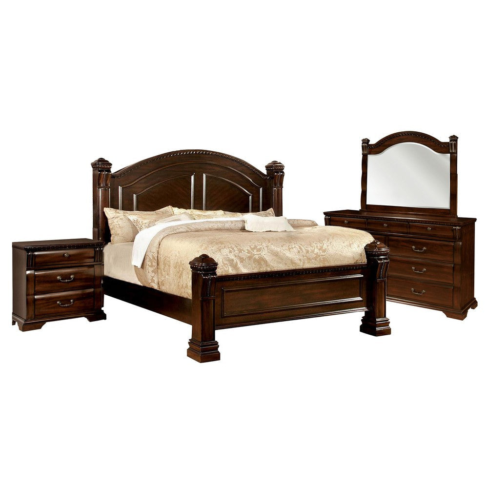 Koi 4 Piece California King Bedroom Set, Intricate Trim, Post, Cherry Brown Wood
