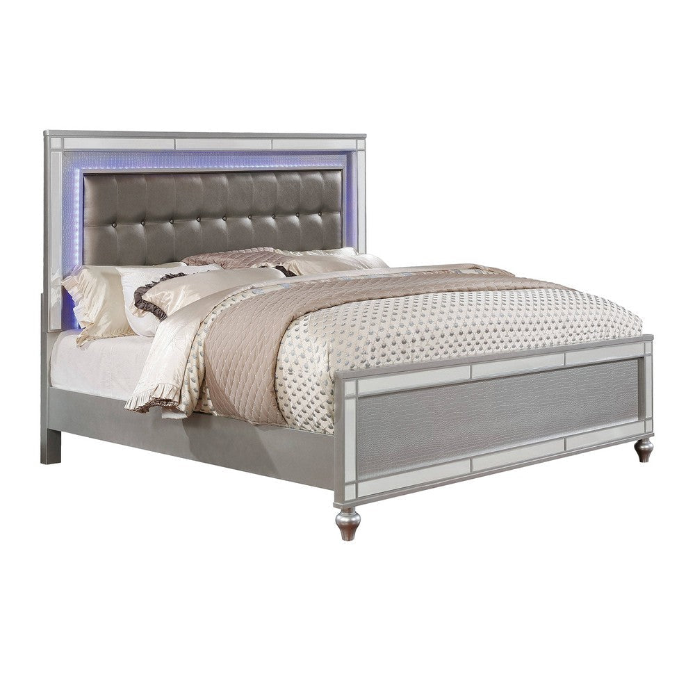 Ishin 4 Piece King Bedroom Set LED and Mirror Trim Textured Details Silver BM332667