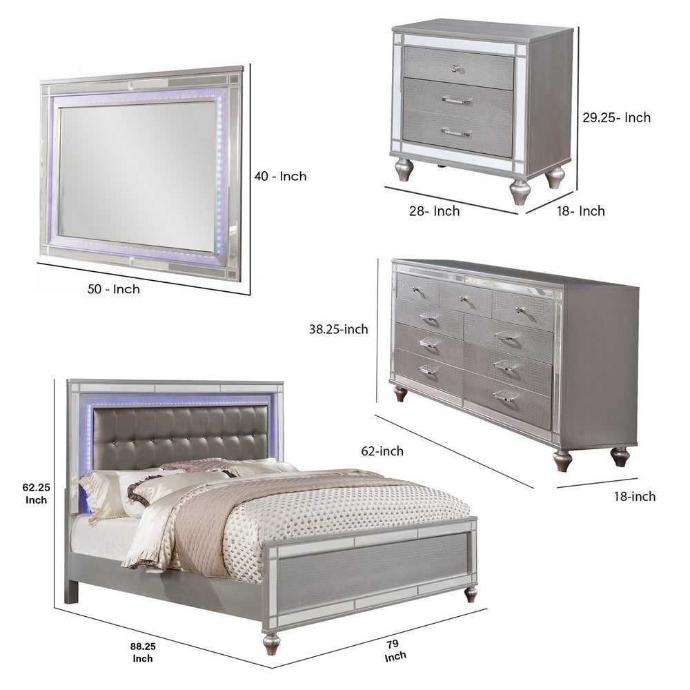 Ishin 4 Piece King Bedroom Set LED and Mirror Trim Textured Details Silver BM332667