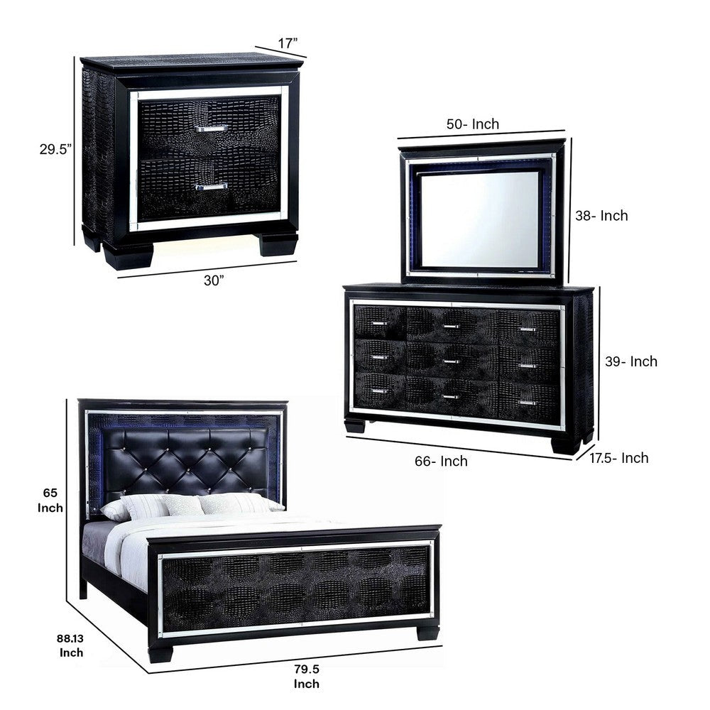 Kae 4 Piece King Bedroom Set LED and Mirror Trim Textured Black