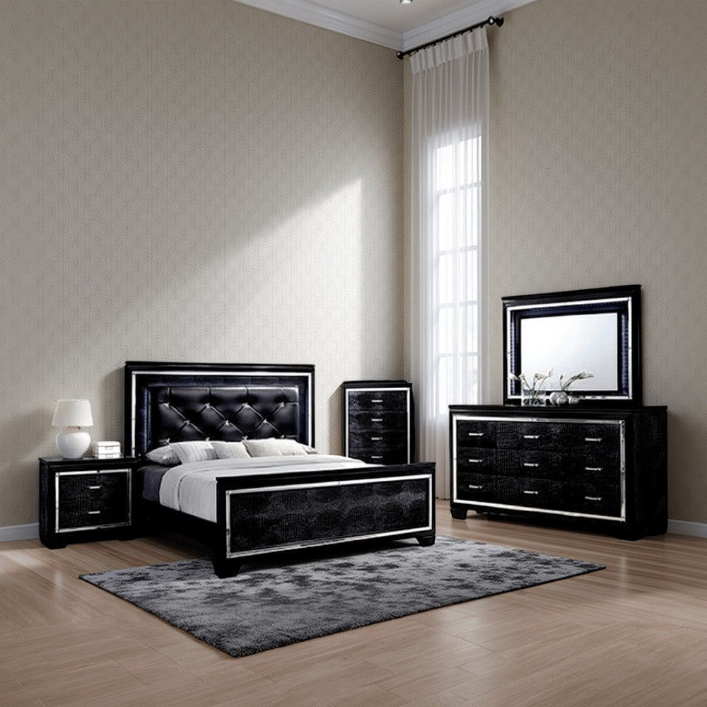 Kae 4 Piece King Bedroom Set LED and Mirror Trim Textured Black