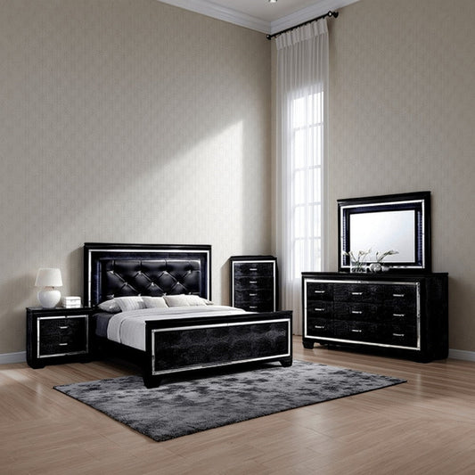 Kae 4 Piece King Bedroom Set, LED and Mirror Trim, Textured, Black