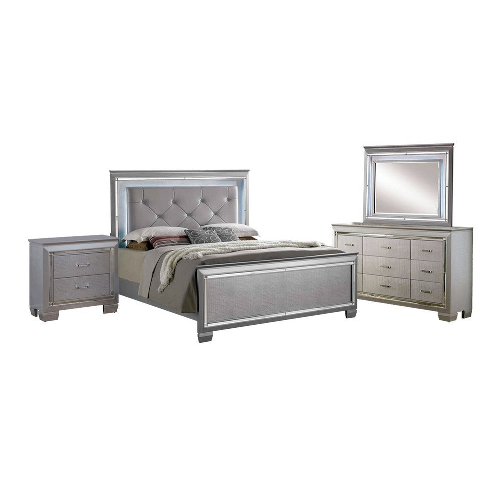 Kae 4 Pc California King Bedroom Set LED and Mirror Trim Champagne Silver BM332670