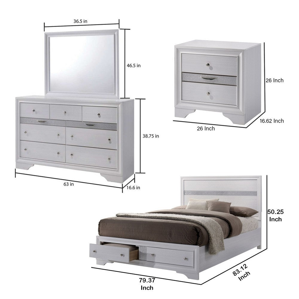 Crissi 4 Pc King Bedroom Set Panel Design Silver Accents White BM332674