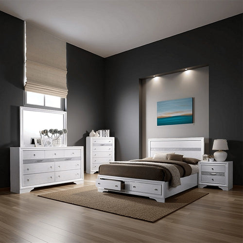 Crissi 4 Pc King Bedroom Set, Panel Design, Silver Accents, White