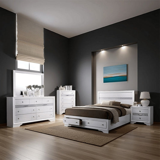 Crissi 4 Pc King Bedroom Set, Panel Design, Silver Accents, White