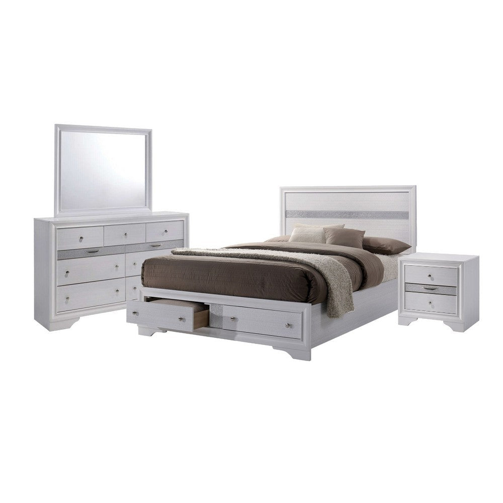 Crissi 4 Pc King Bedroom Set Panel Design Silver Accents White BM332674