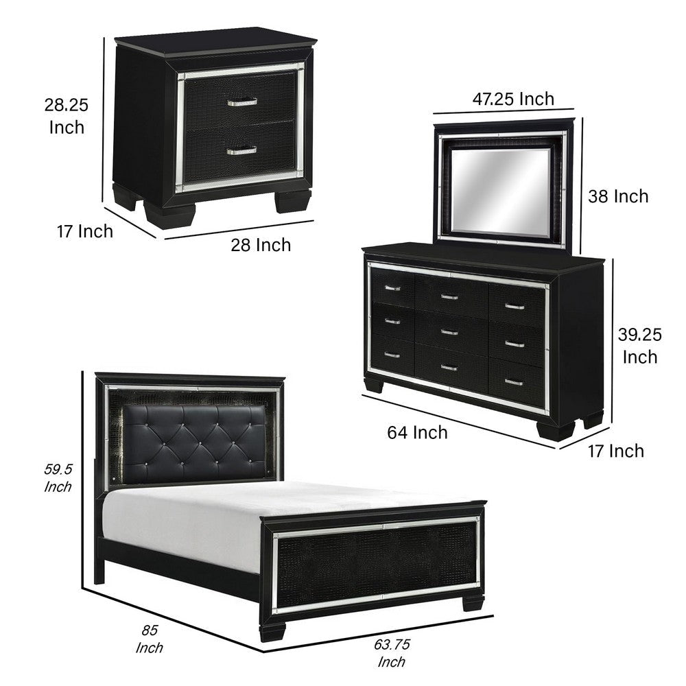 Alen 4 Pc Queen Size Bedroom Set Button Tufting Mirror Trim Black BM332677