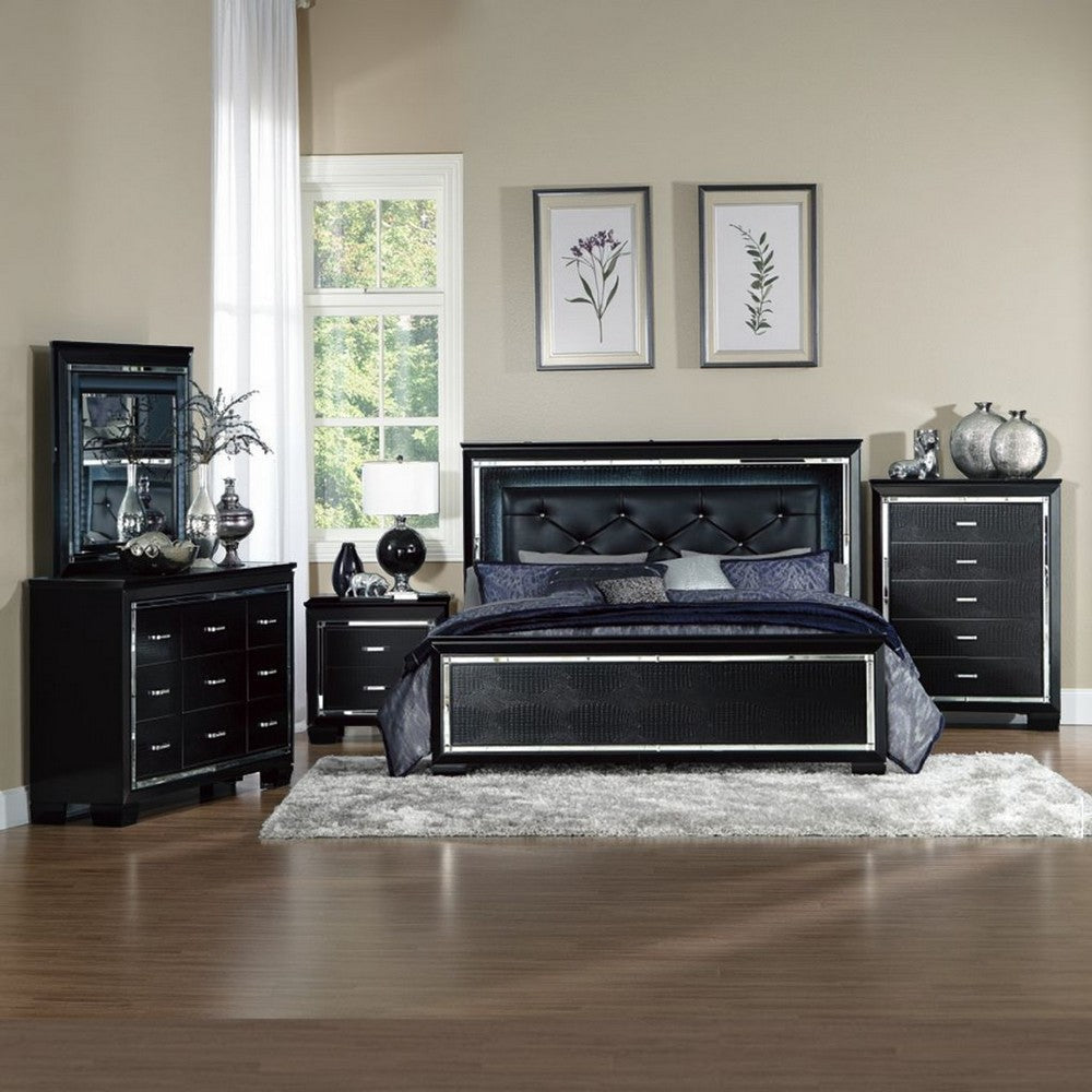 Alen 4 Pc Queen Size Bedroom Set, Button Tufting, Mirror Trim, Black