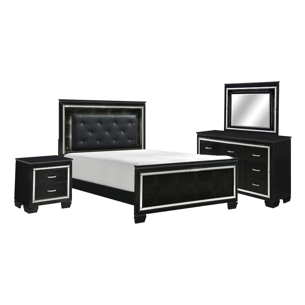 Alen 4 Pc Queen Size Bedroom Set Button Tufting Mirror Trim Black BM332677