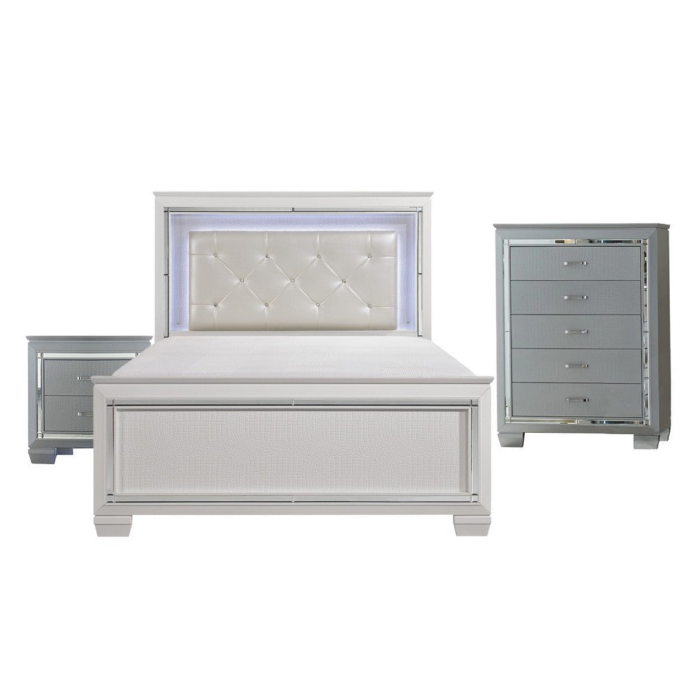 Alen 3 Pc Full Size Bedroom Set, Button Tufting, Mirror Trim, Black