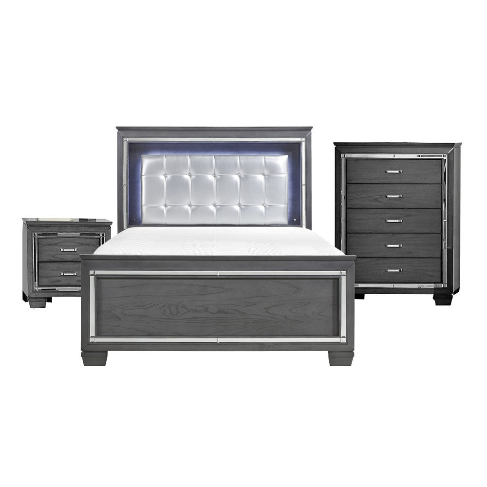 Alen 3 Pc Full Size Bedroom Set, Button Tufting, Mirror Trim, Gray