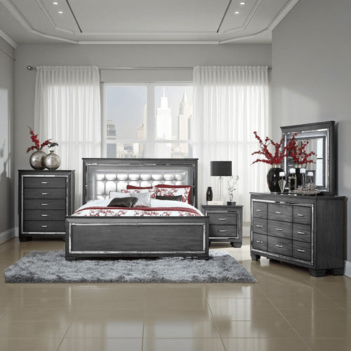 Alen 4 Pc Queen Size Bedroom Set, Button Tufting, Mirror Trim, Gray