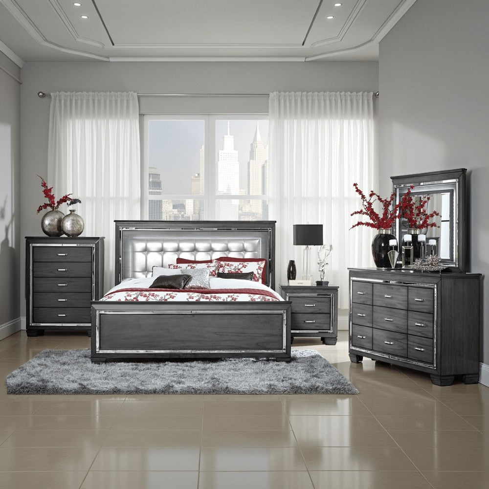 Alen 4 Pc Queen Size Bedroom Set, Button Tufting, Mirror Trim, Gray