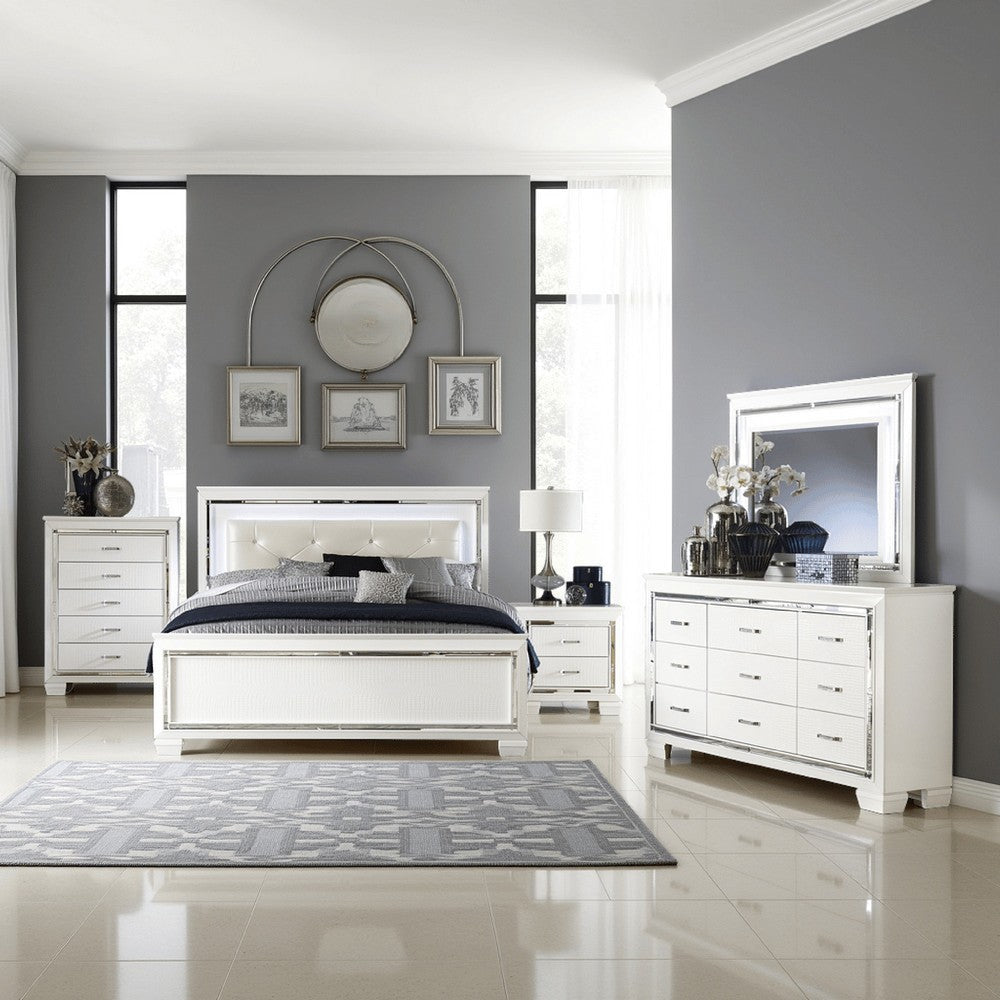 Alen 4 Pc California King Bedroom Set, Button Tufting, Mirror Trim, White